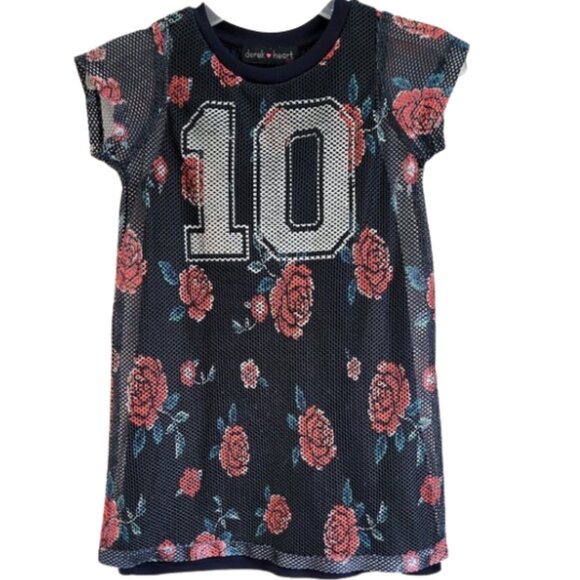 DEREK HEART Navy Blue & Red Floral #10 Mesh Dress - Girl's 7/8 - Picture 1 of 5